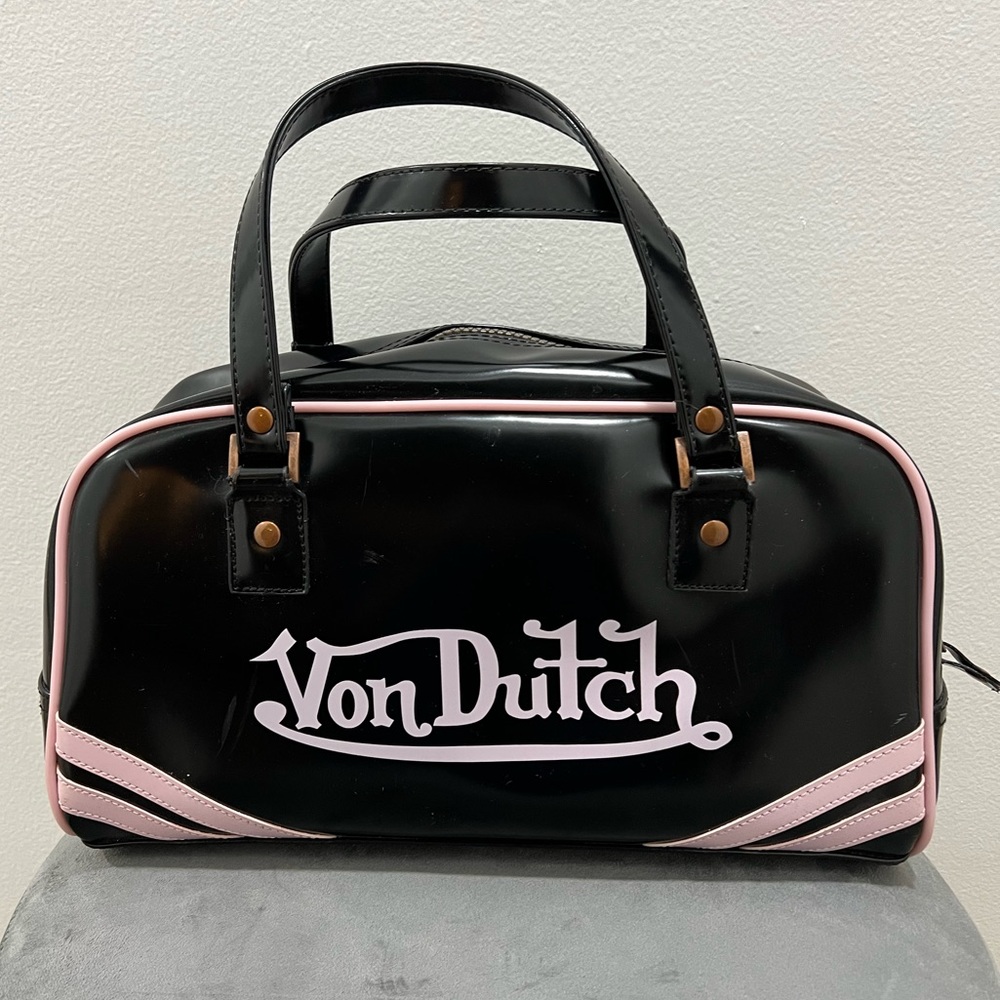 Vintage Y2K Von Dutch Originals Black & Pink Detailed Bowler Handbag